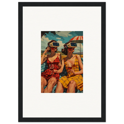 Framed canvas print of women in swimsuits with VR headsets enjoying morning sunshine