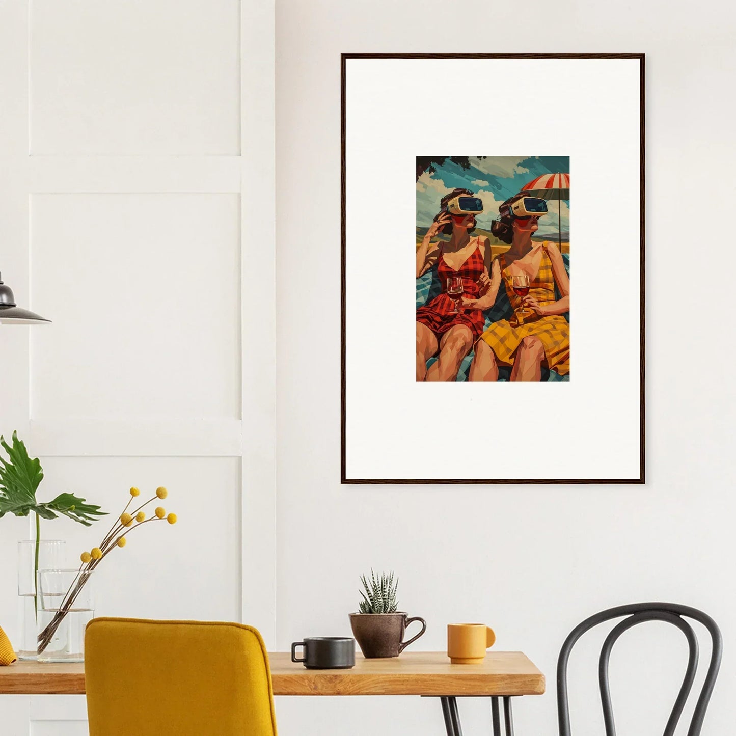 Framed canvas print of two women in colorful swimwear enjoying morning sunshine beach vibes