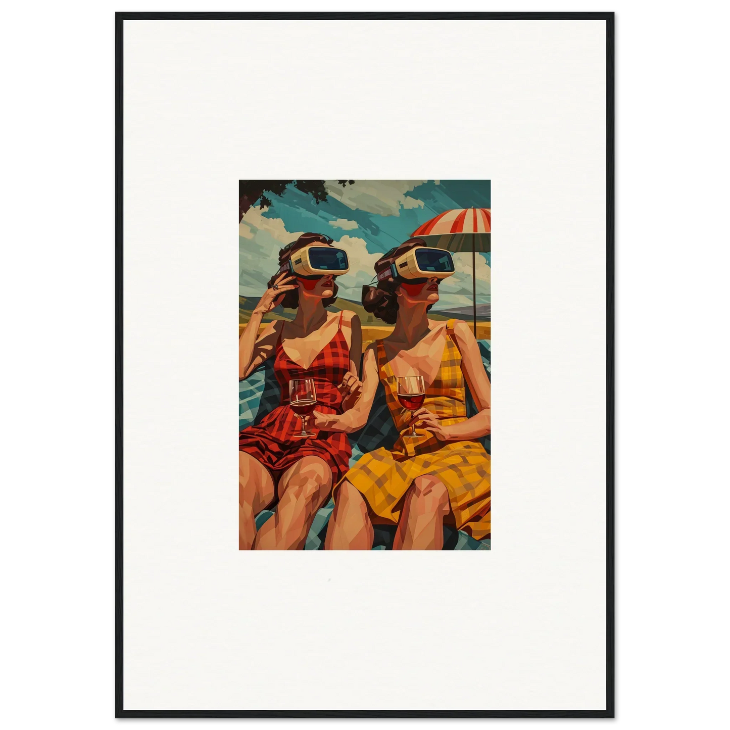 Framed vintage-style canvas print of two women in swimsuits enjoying morning sunshine