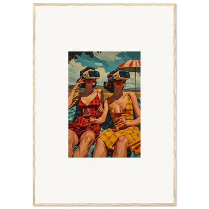 Vintage-style illustration of women in swimsuits enjoying morning sunshine in VR at the beach