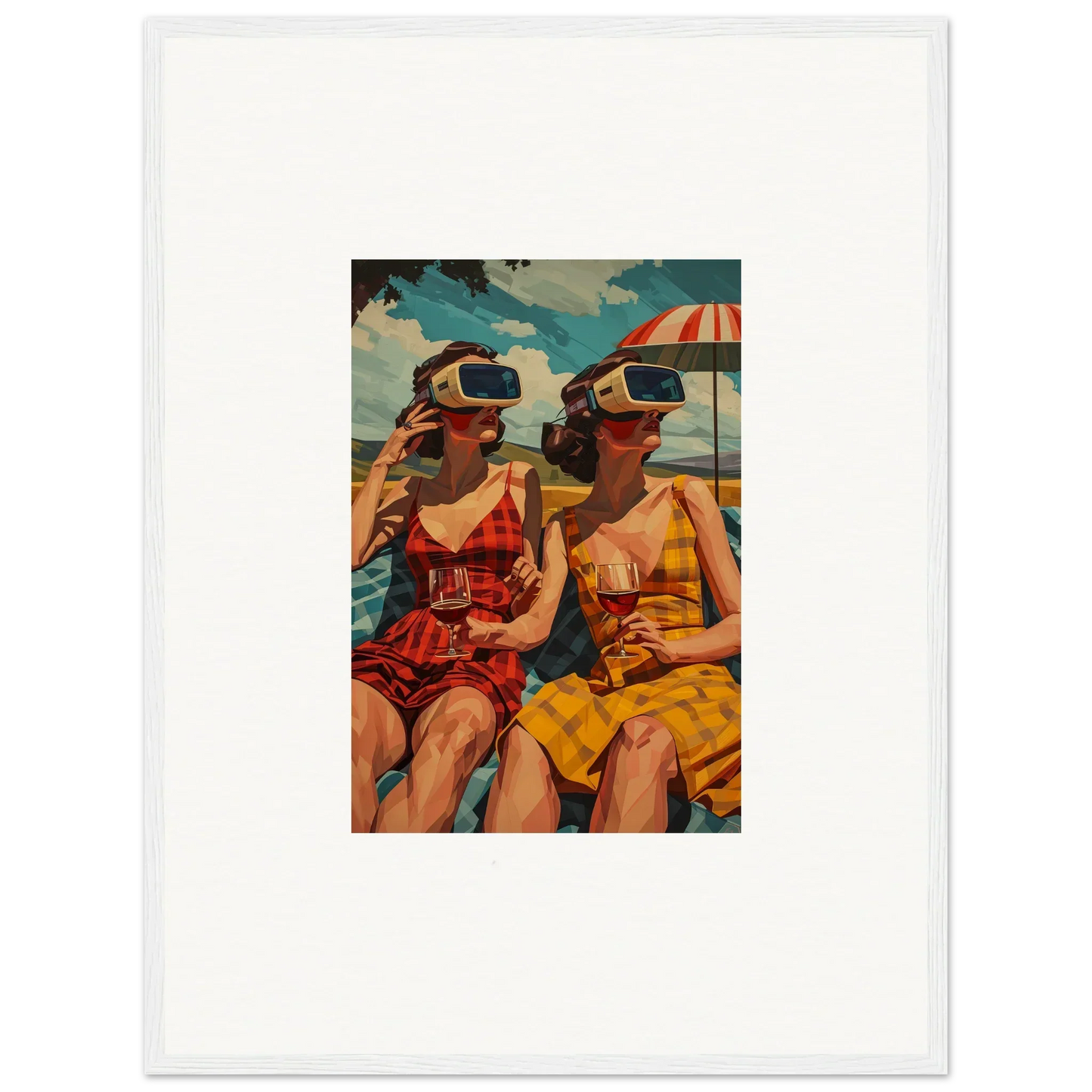 Vintage painting of two women in swimsuits with VR headsets enjoying morning sunshine