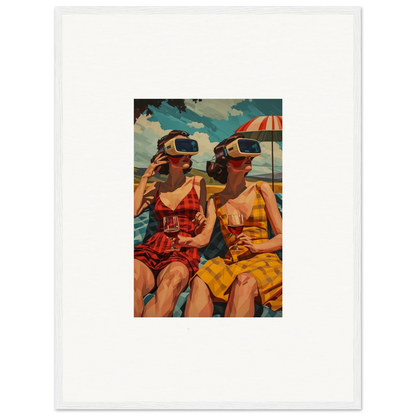 Vintage painting of two women in swimsuits with VR headsets enjoying morning sunshine