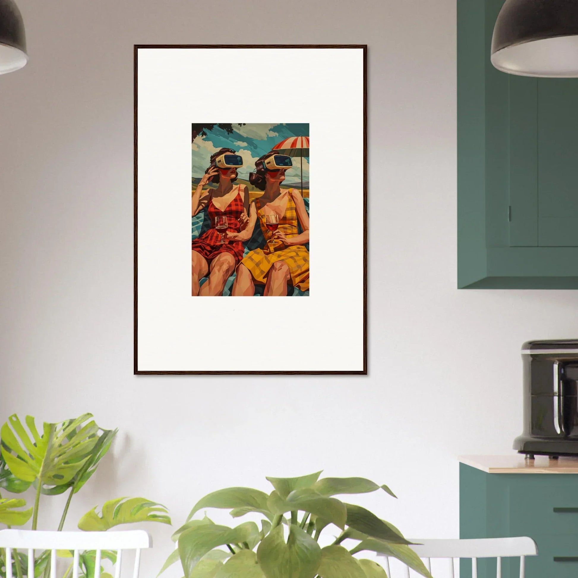 Framed canvas print of women in colorful swimwear enjoying morning sunshine at the beach