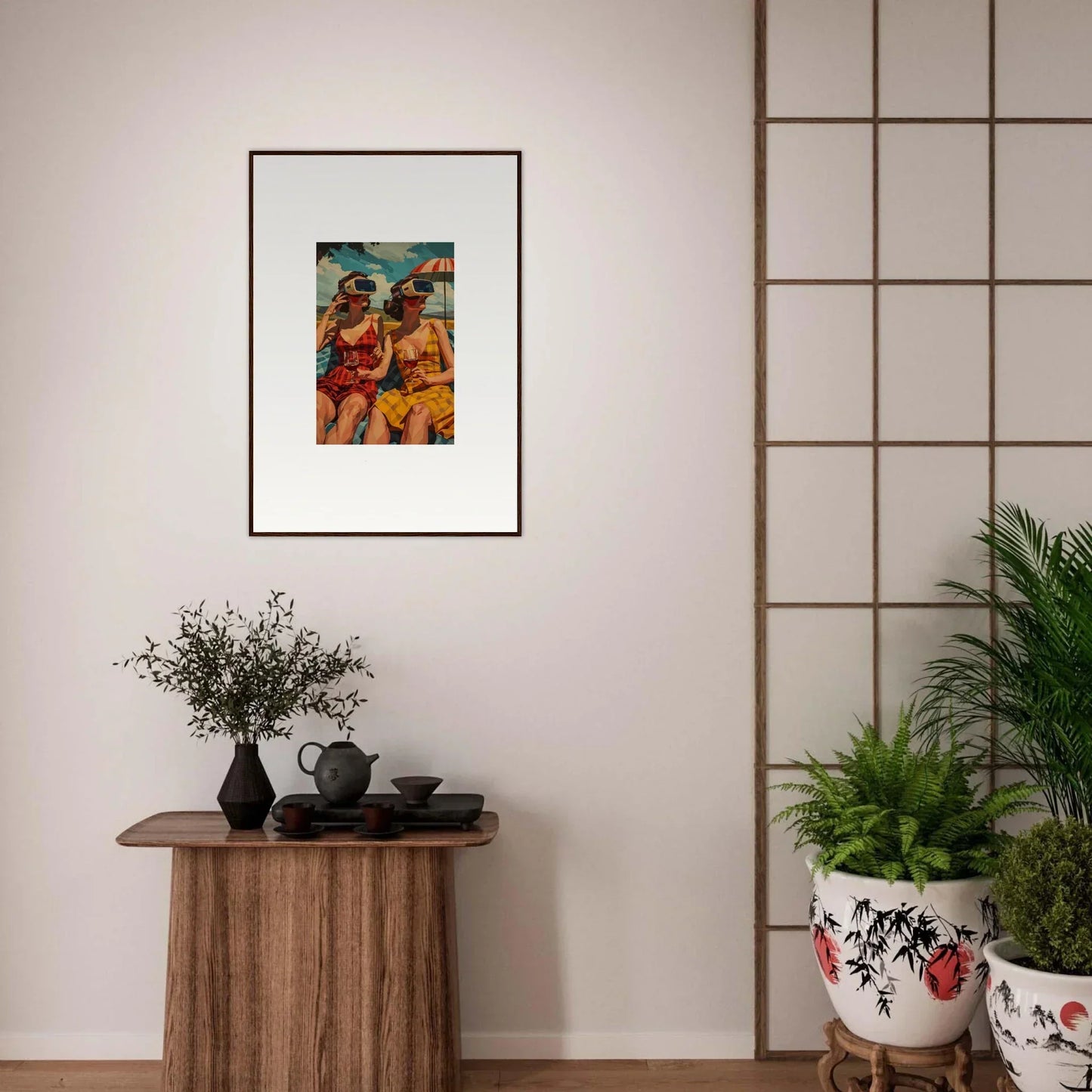 Colorful canvas print of two figures in tropical morning sunshine for vibrant room decoration