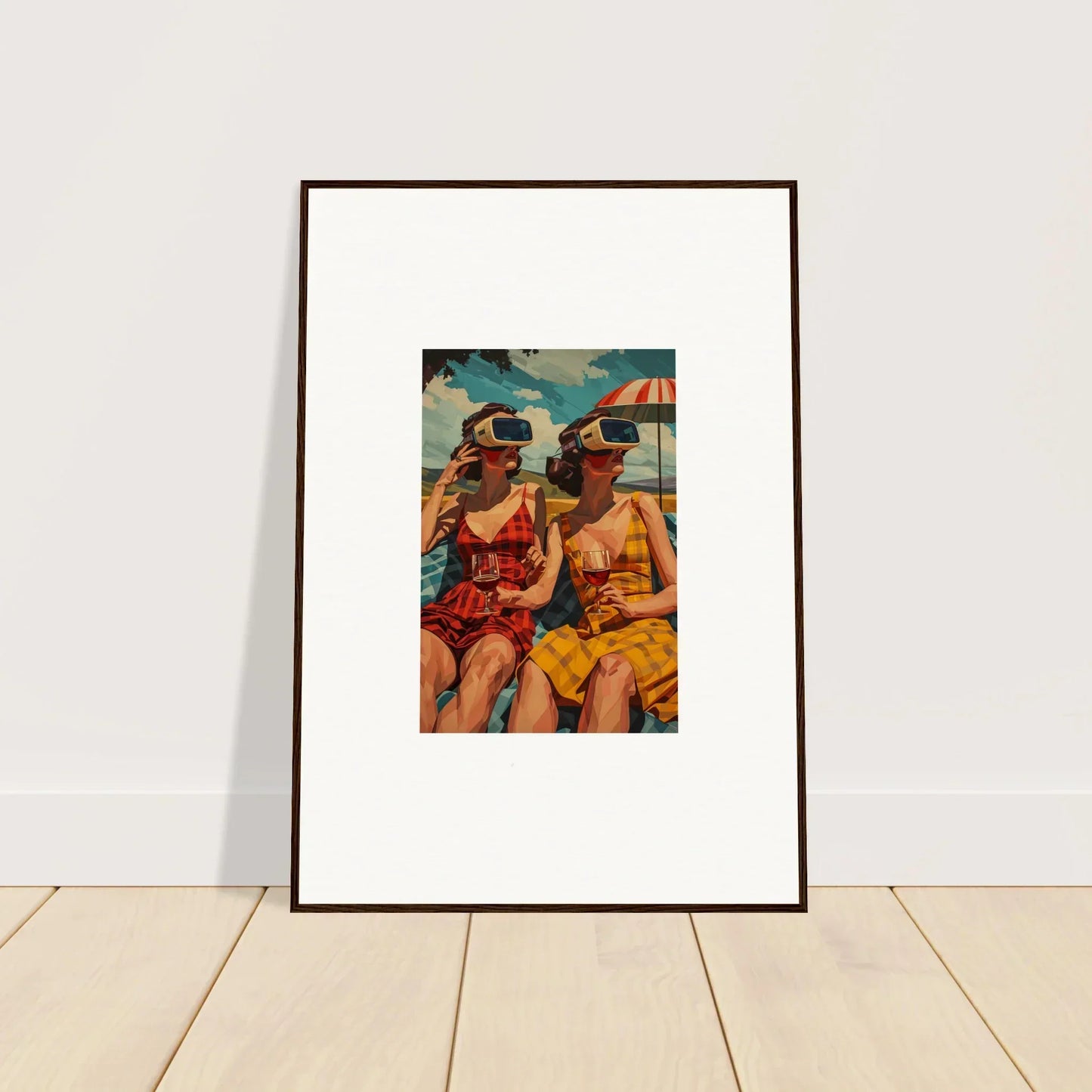 Framed canvas print of women in colorful summer attire enjoying morning sunshine