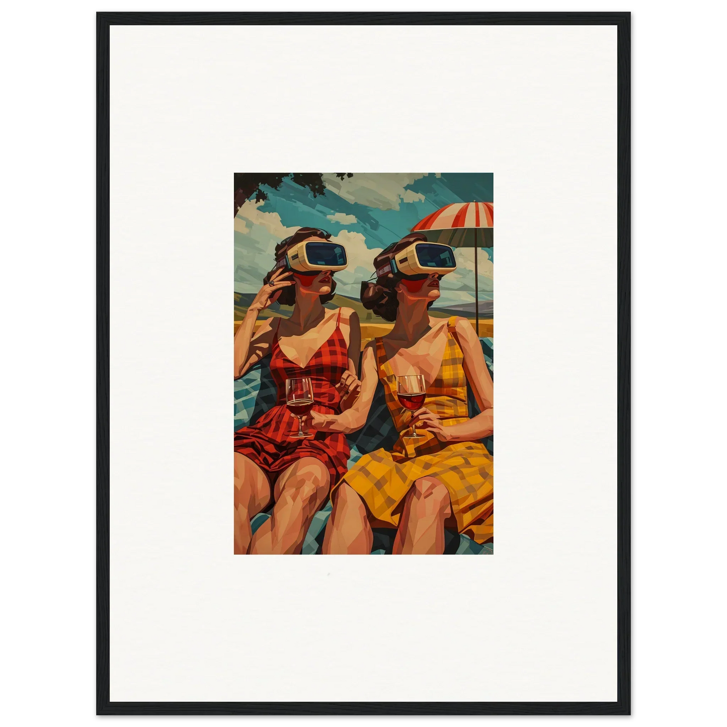 Framed vintage-style canvas print of women enjoying morning sunshine at the beach