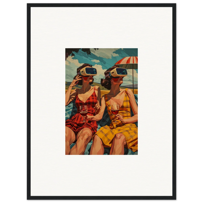 Framed vintage-style canvas print of women enjoying morning sunshine at the beach