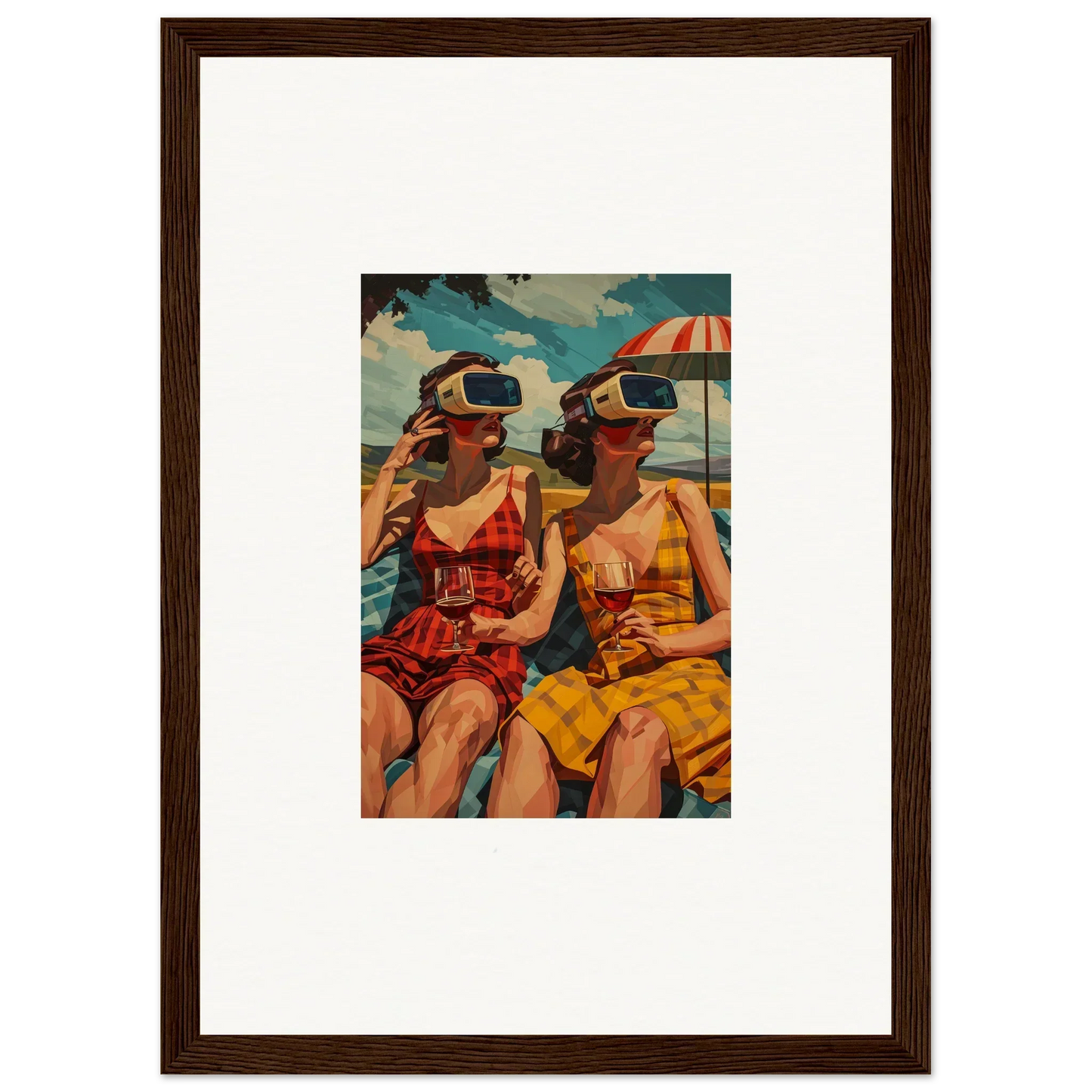 Framed vintage artwork of women in swimsuits with VR headsets at the beach for room decoration