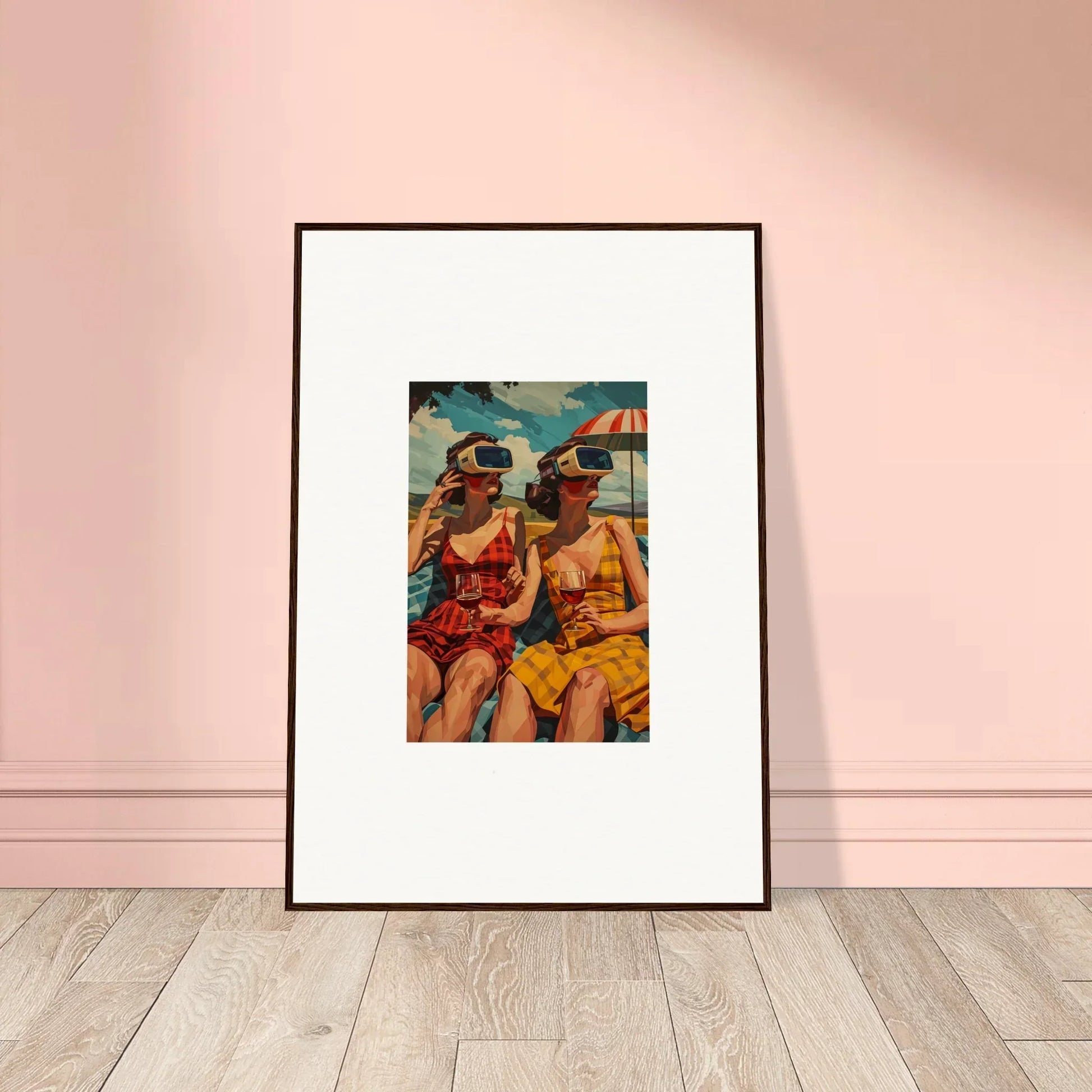 Framed canvas print of two people in colorful beachwear under morning sunshine umbrella