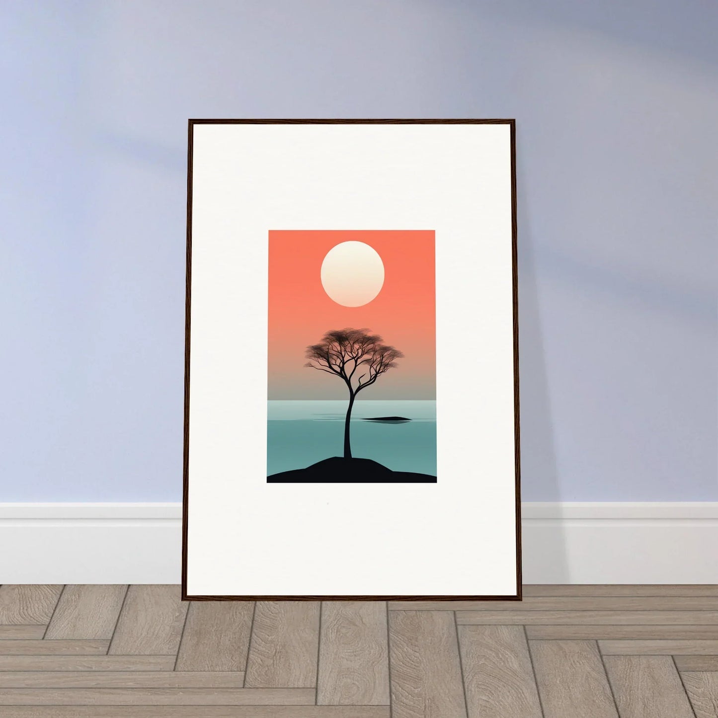 Framed wall art of a sunset landscape with tree silhouette, perfect for Nimbus Symphony room decor