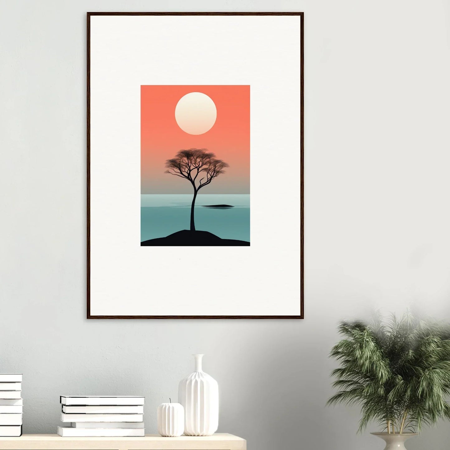 Framed wall art of a solitary tree silhouette in Nimbus Symphony sunset room decor