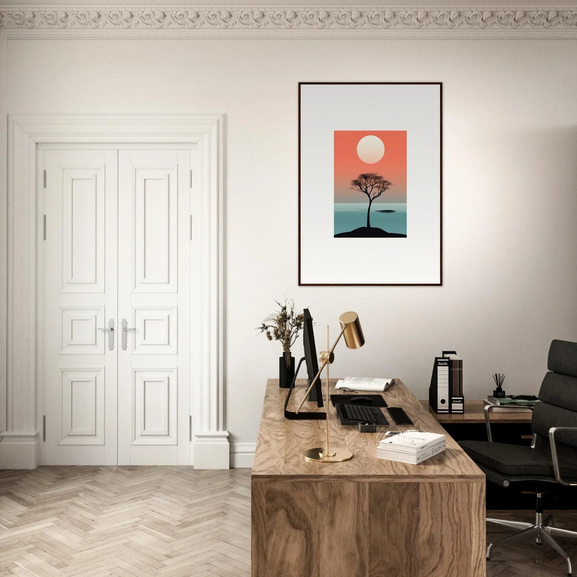 Wooden desk with typewriter and books in minimalist workspace for Nimbus Symphony room decor