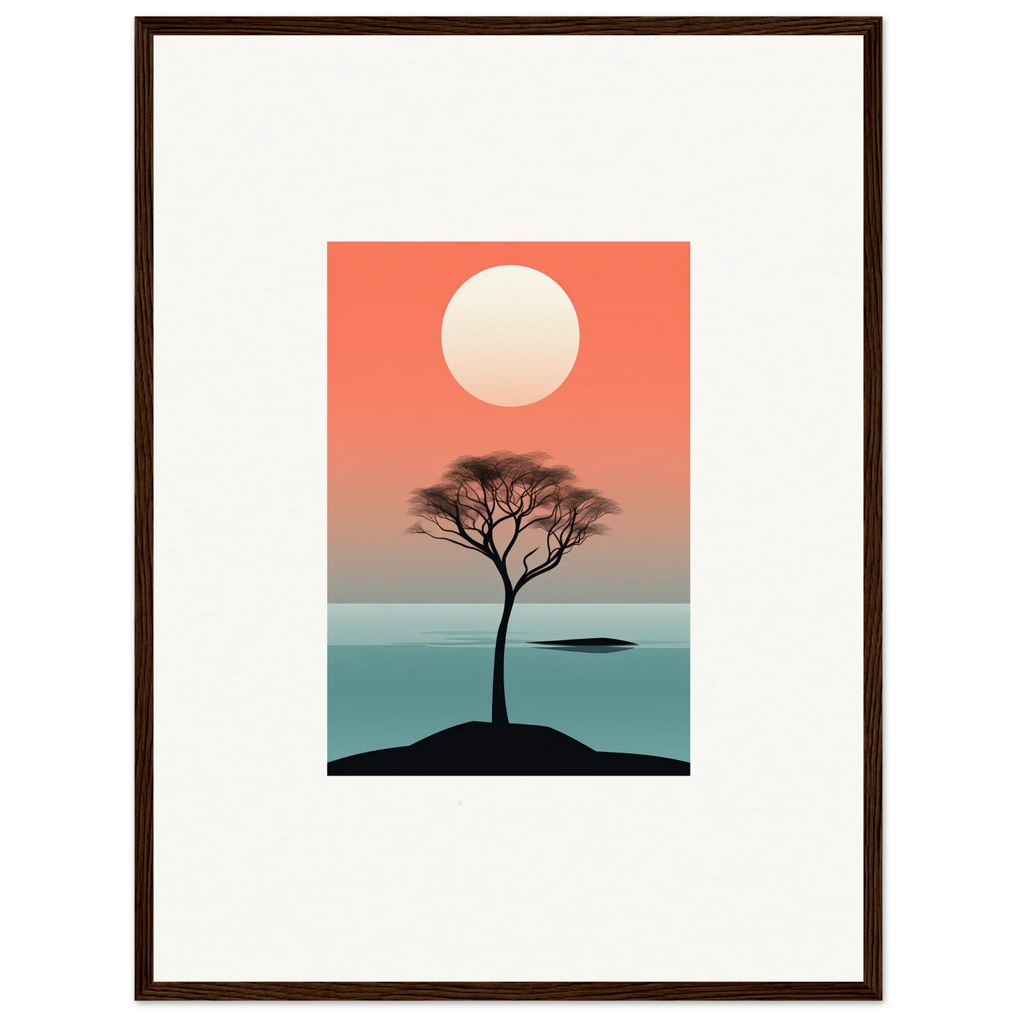 Silhouette of a lone tree at sunset over water in Nimbus Symphony framed wall art