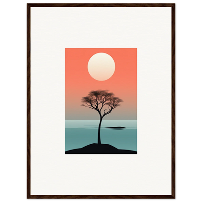 Silhouette of a lone tree at sunset over water in Nimbus Symphony framed wall art