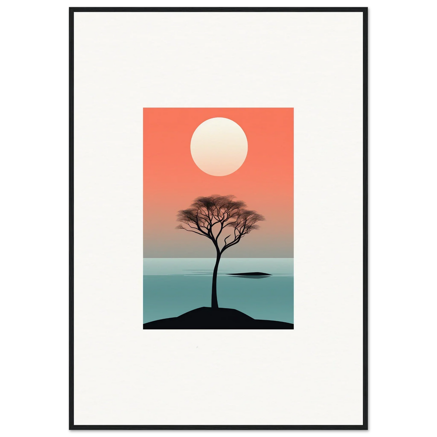 Silhouette of a lone tree at sunset over water in Nimbus Symphony framed wall art