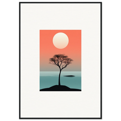 Silhouette of a lone tree at sunset over water in Nimbus Symphony framed wall art