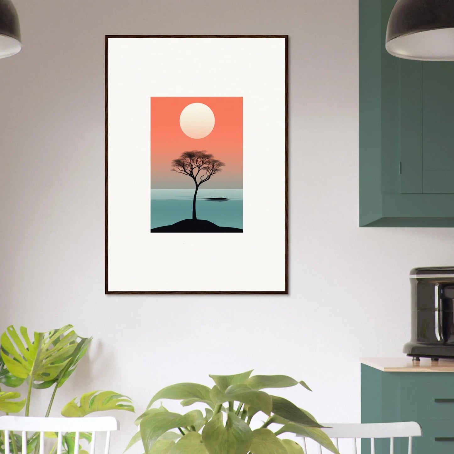 Framed minimalist wall art of Nimbus Symphony tree silhouette at sunset for room decor