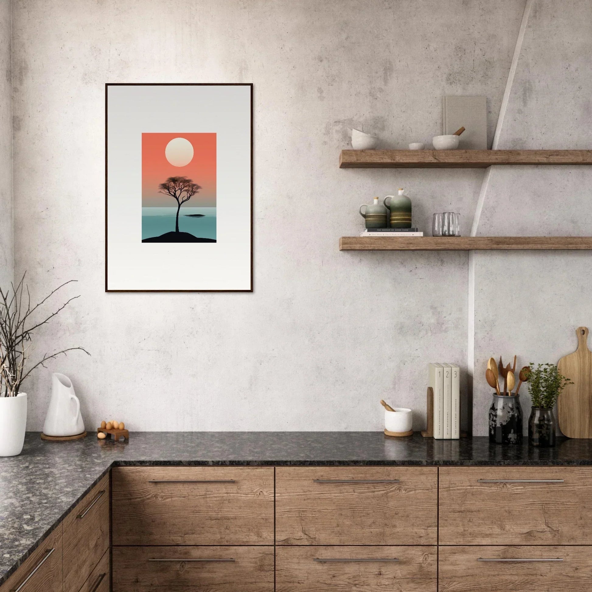 Framed wall art of a tree at sunset, part of Nimbus Symphony room decor