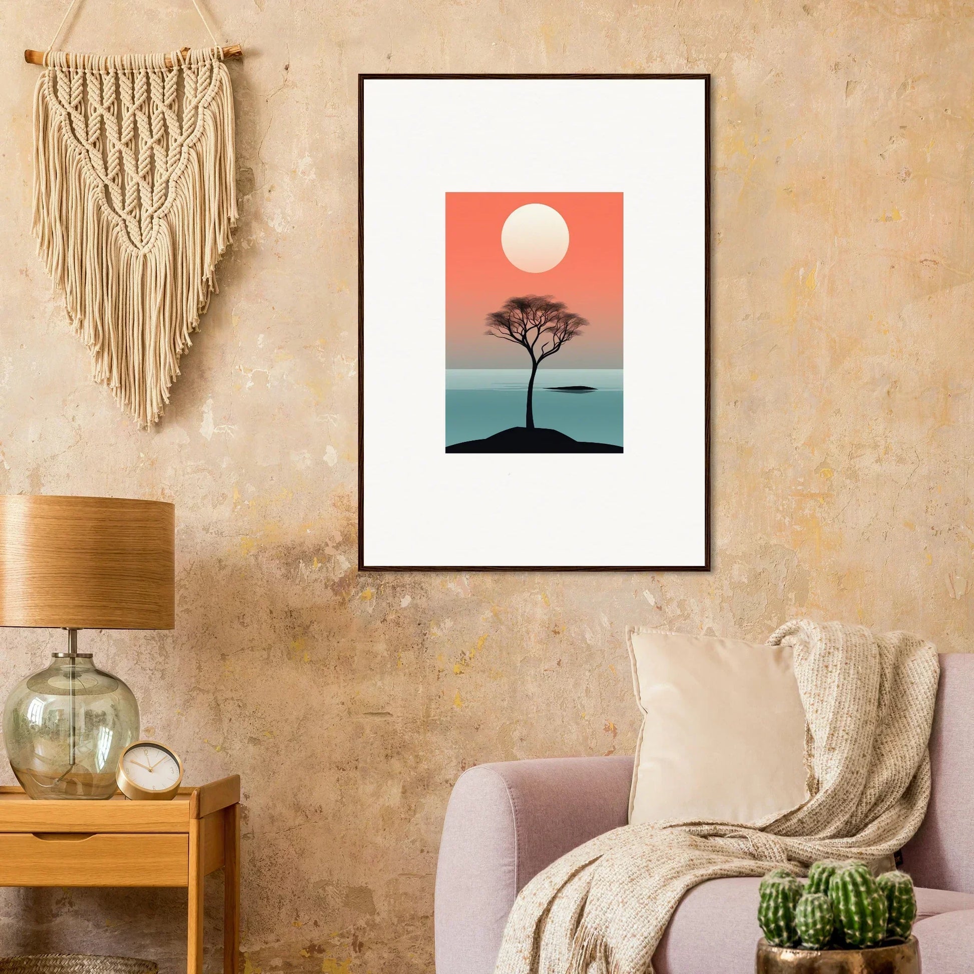 Framed wall art of a tree silhouette at sunset for Nimbus Symphony room decor