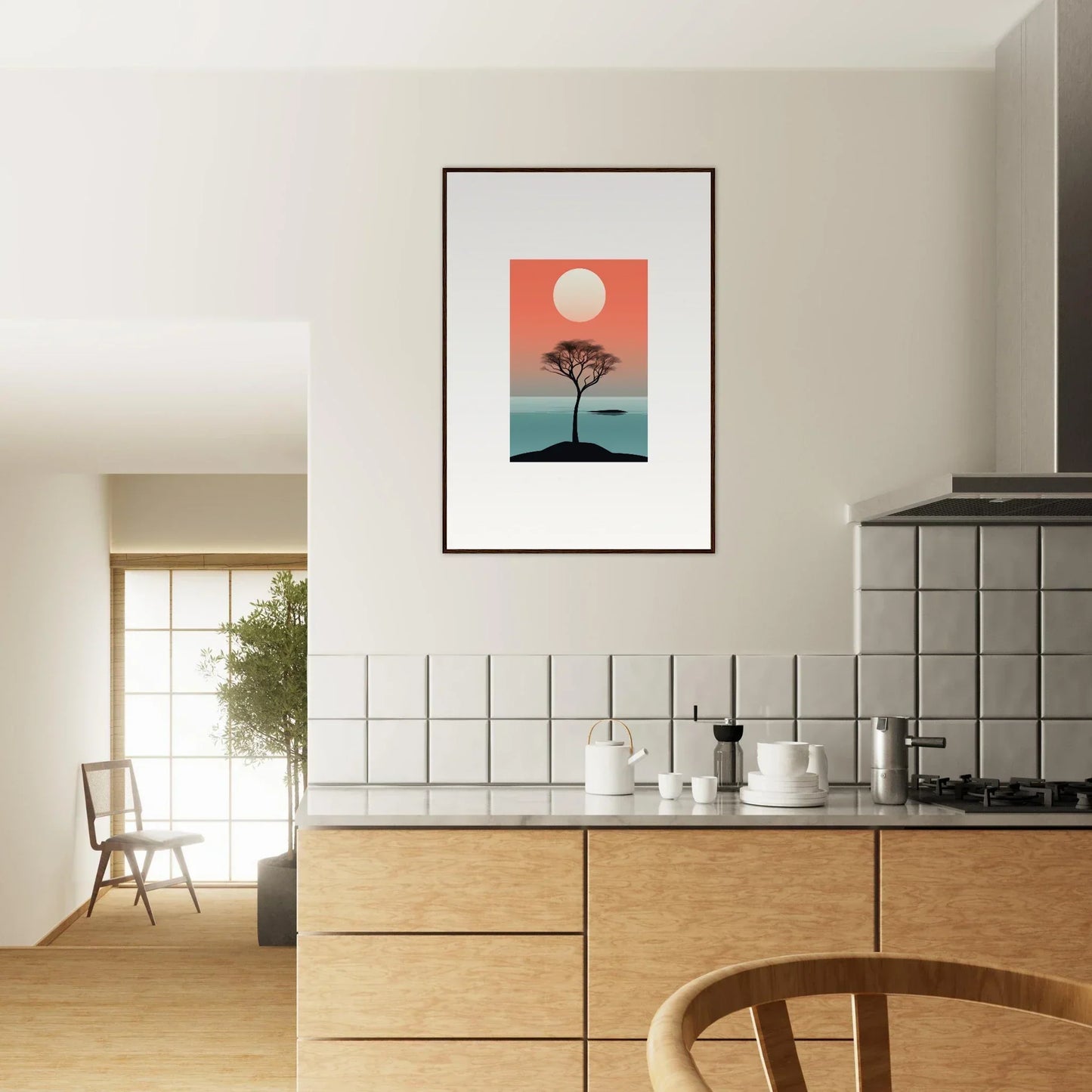 Framed wall art of minimalist landscape with tree silhouette for Nimbus Symphony room decor