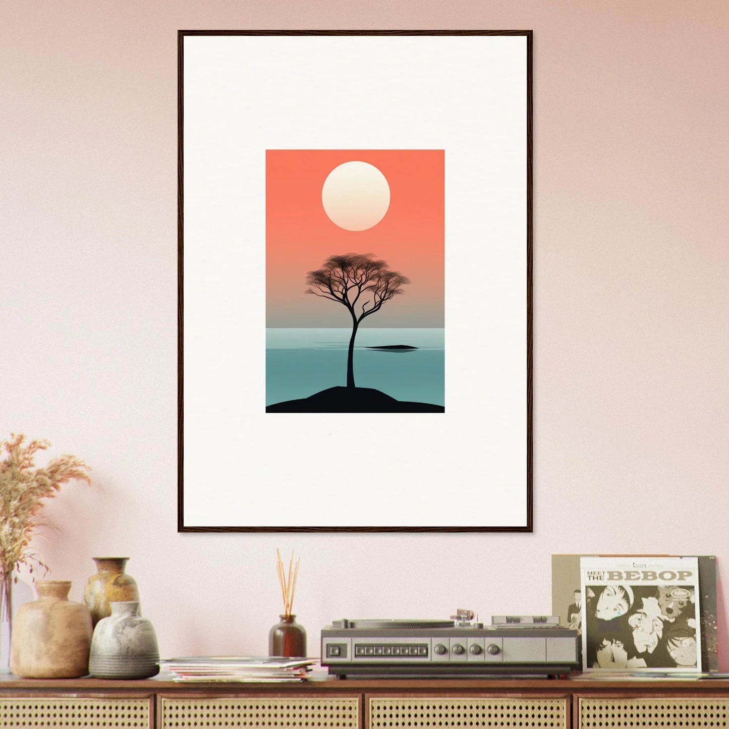 Framed wall art of a minimalist landscape with a lone tree in Nimbus Symphony design