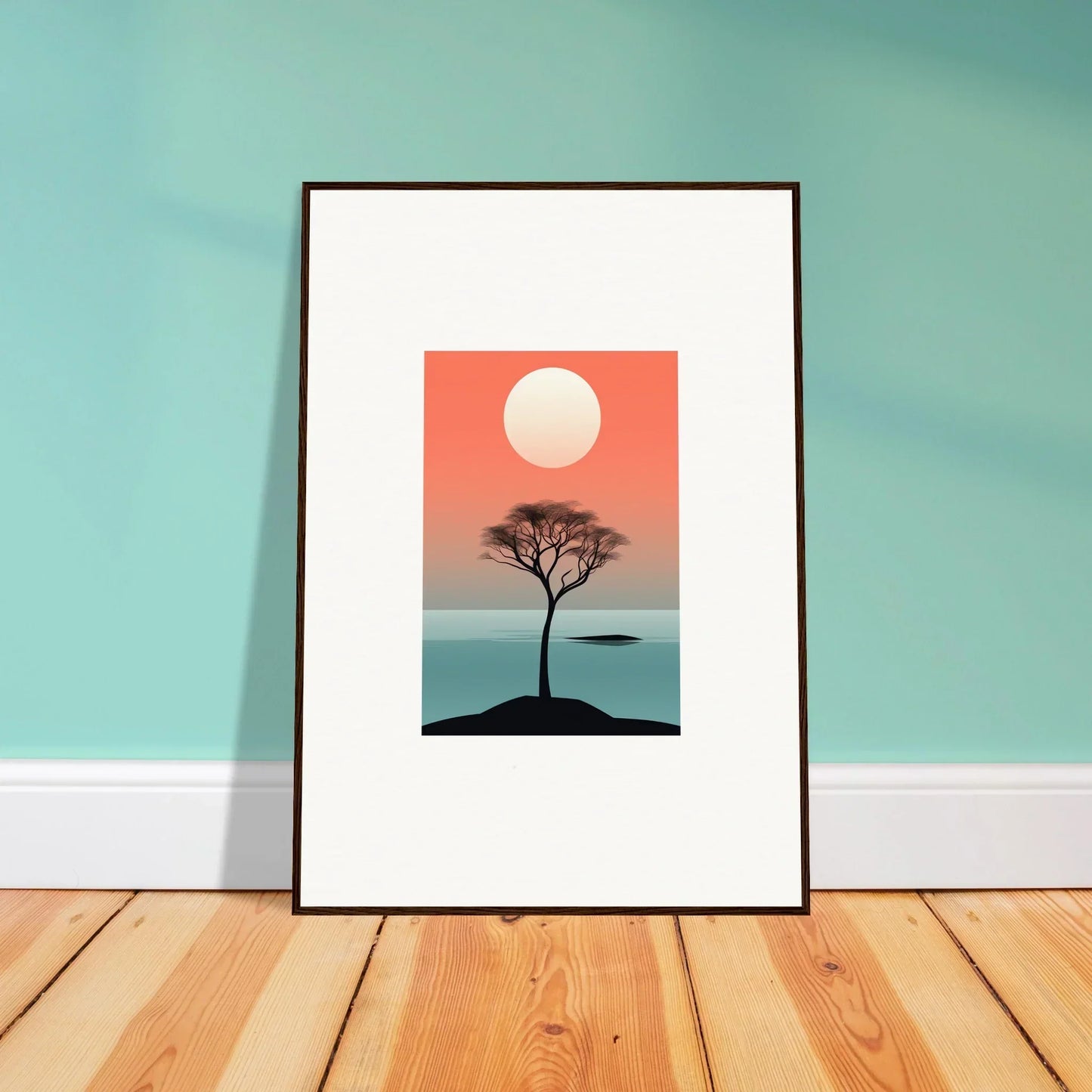 Framed minimalist wall art of a tree silhouette against a sunset for Nimbus Symphony room decor