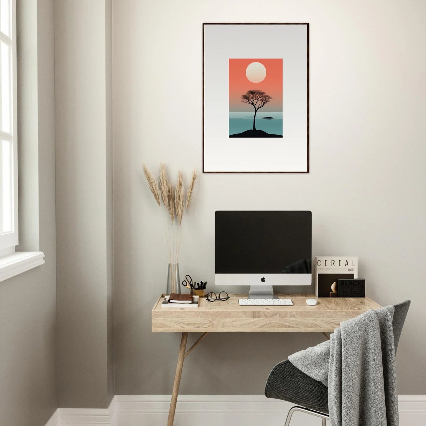 Minimalist home office with Nimbus Symphony artwork and stylish room decor