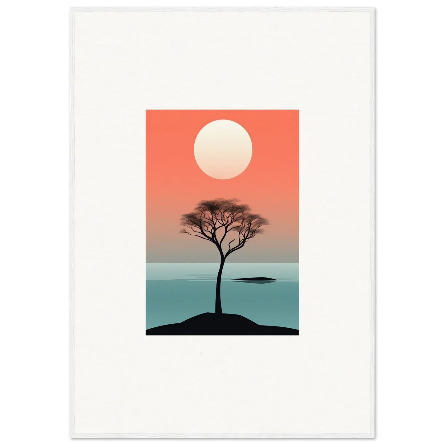 Silhouette of a lone tree at sunset over calm water for Nimbus Symphony room decor