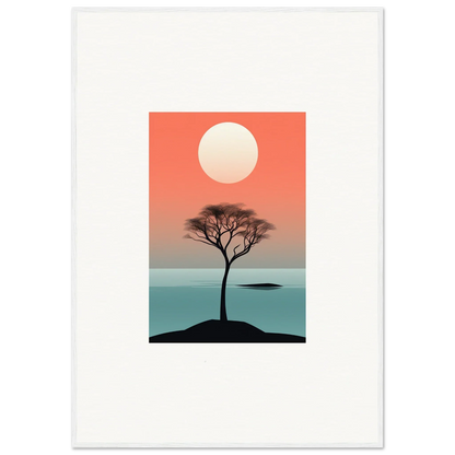 Silhouette of a lone tree at sunset over calm water for Nimbus Symphony room decor