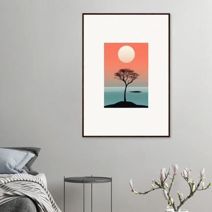 Framed wall art of a solitary tree silhouette in Nimbus Symphony sunset for room decor