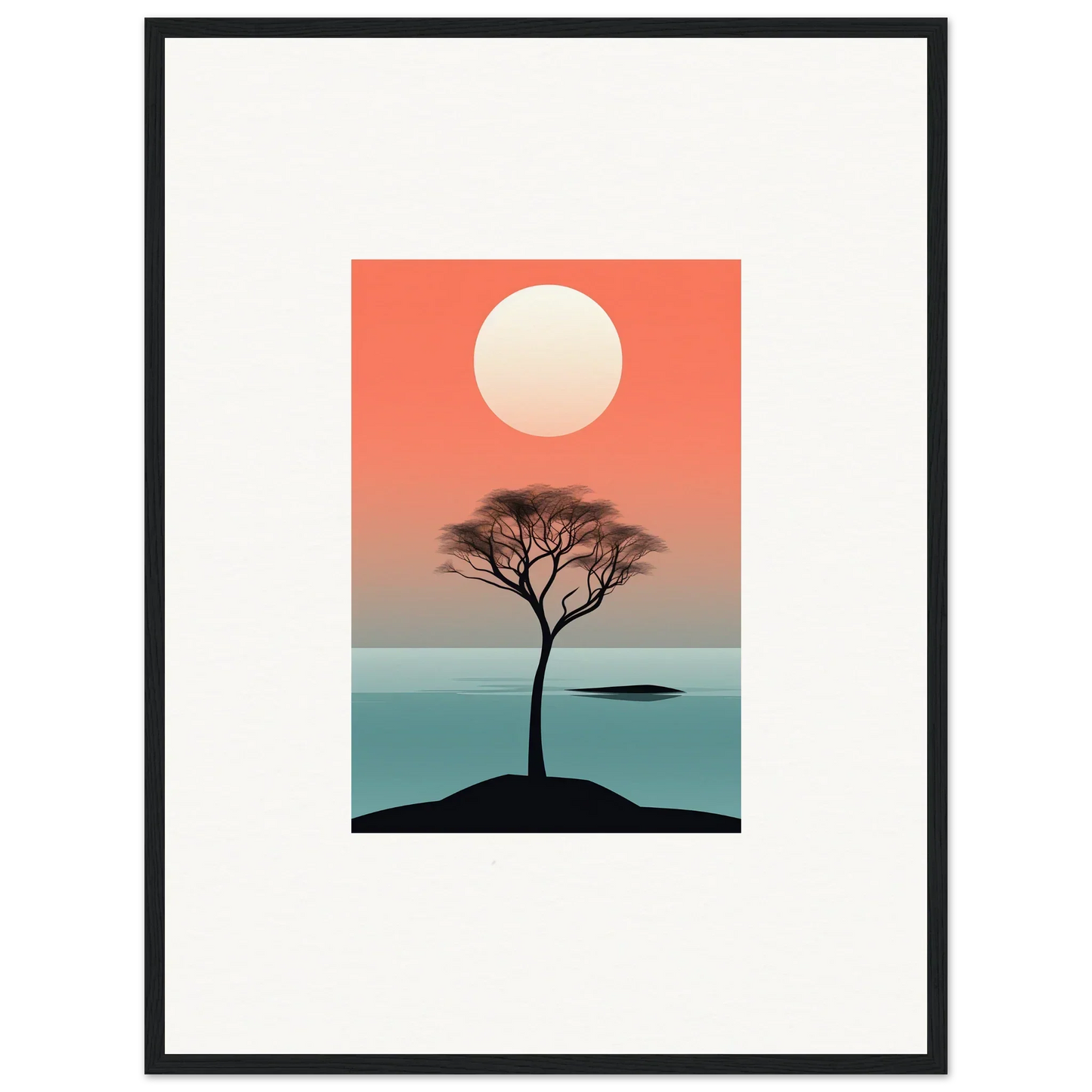 Silhouette of a tree at sunset over water in Nimbus Symphony framed wall art