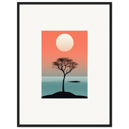 Silhouette of a tree at sunset over water in Nimbus Symphony framed wall art