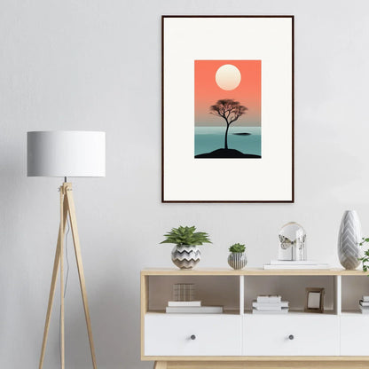 Framed wall art of a sunset landscape with a tree in Nimbus Symphony room decor