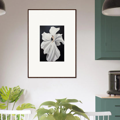 Framed wall art of a white lily showcasing petal fluidity for elegant room decor