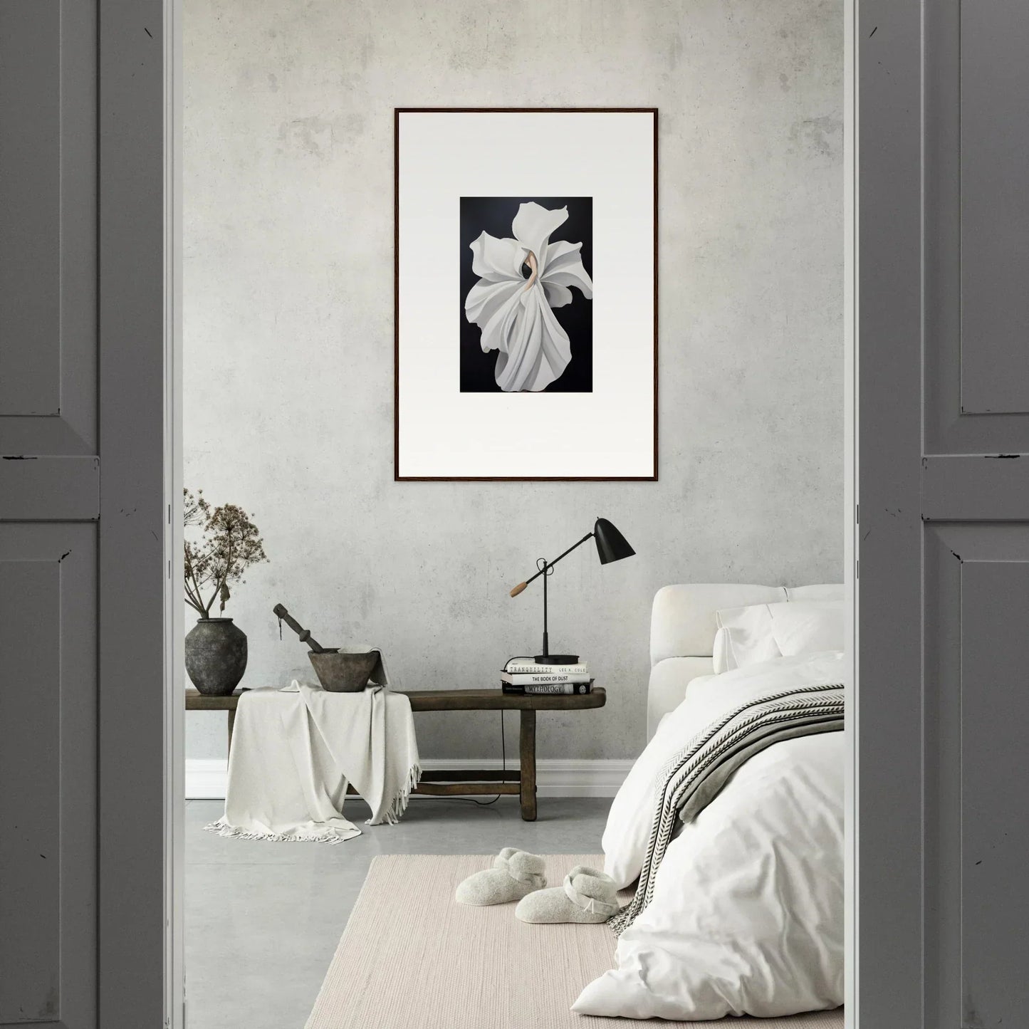 Framed black and white photograph of a lily flower for elegant room decor featuring petal fluidity