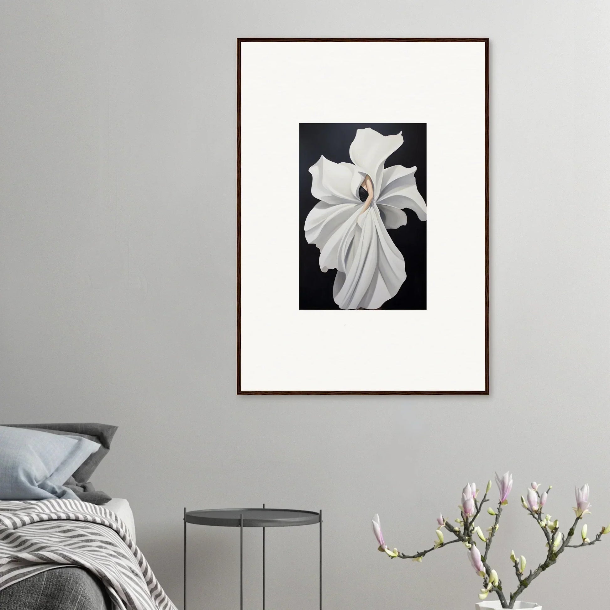 Framed wall art of a white magnolia flower showcasing petal fluidity for elegant room decor