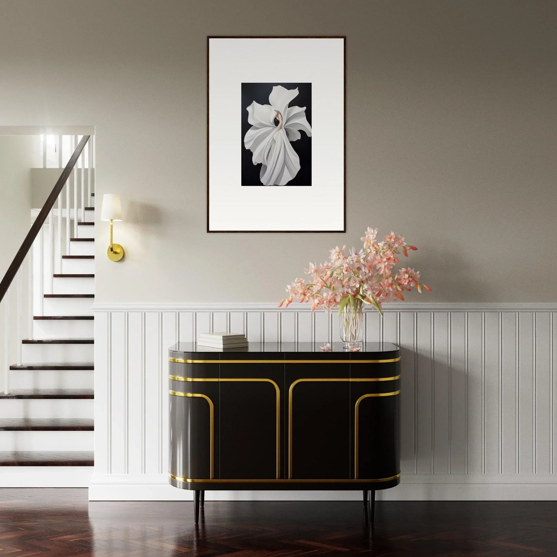 Elegant black sideboard with gold trim for stylish room decor and petal fluidity theme