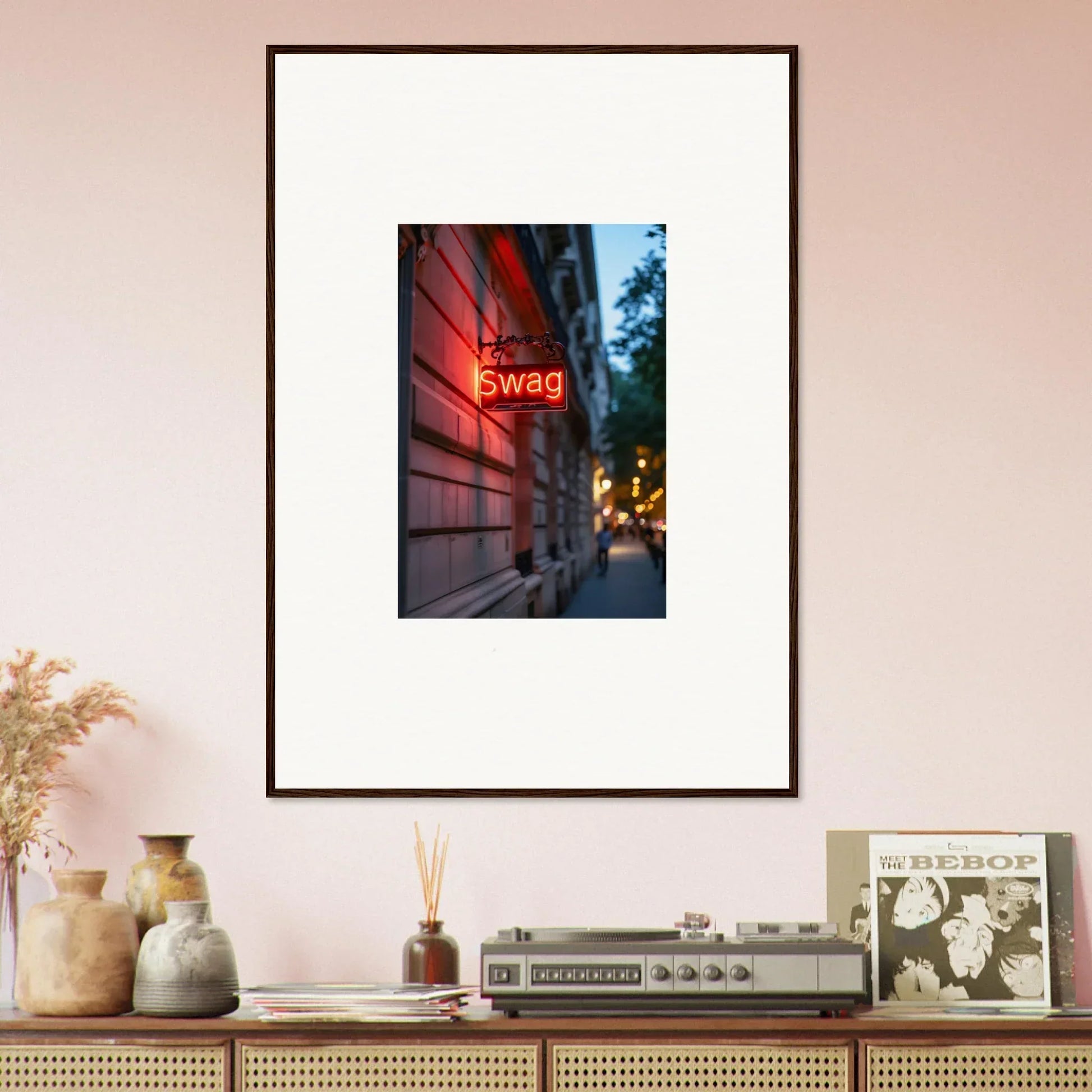 Framed canvas print of neon Swag sign on a brick wall for cool room decoration