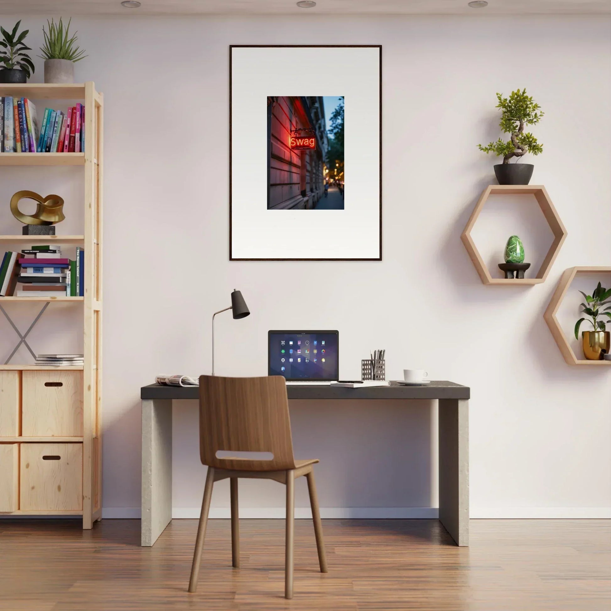 Cozy home office workspace featuring Swag Luminary Illusions canvas print and decor