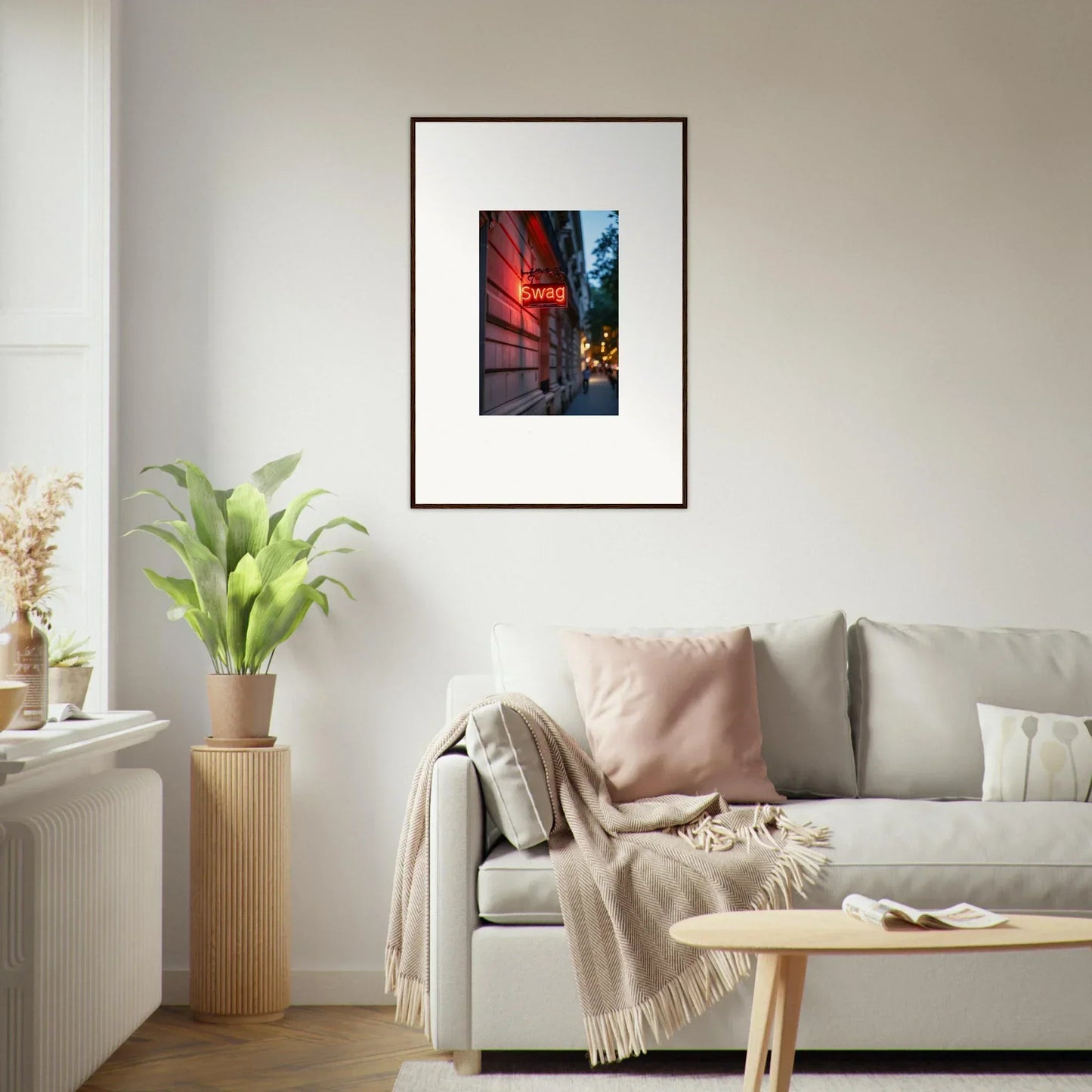 Framed canvas print of a city street at night, perfect for room decoration with luminary illusions