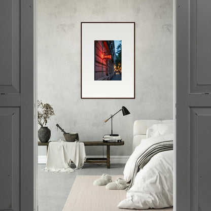 Framed canvas print of a red-walled urban alley for cool room decoration with luminary illusions