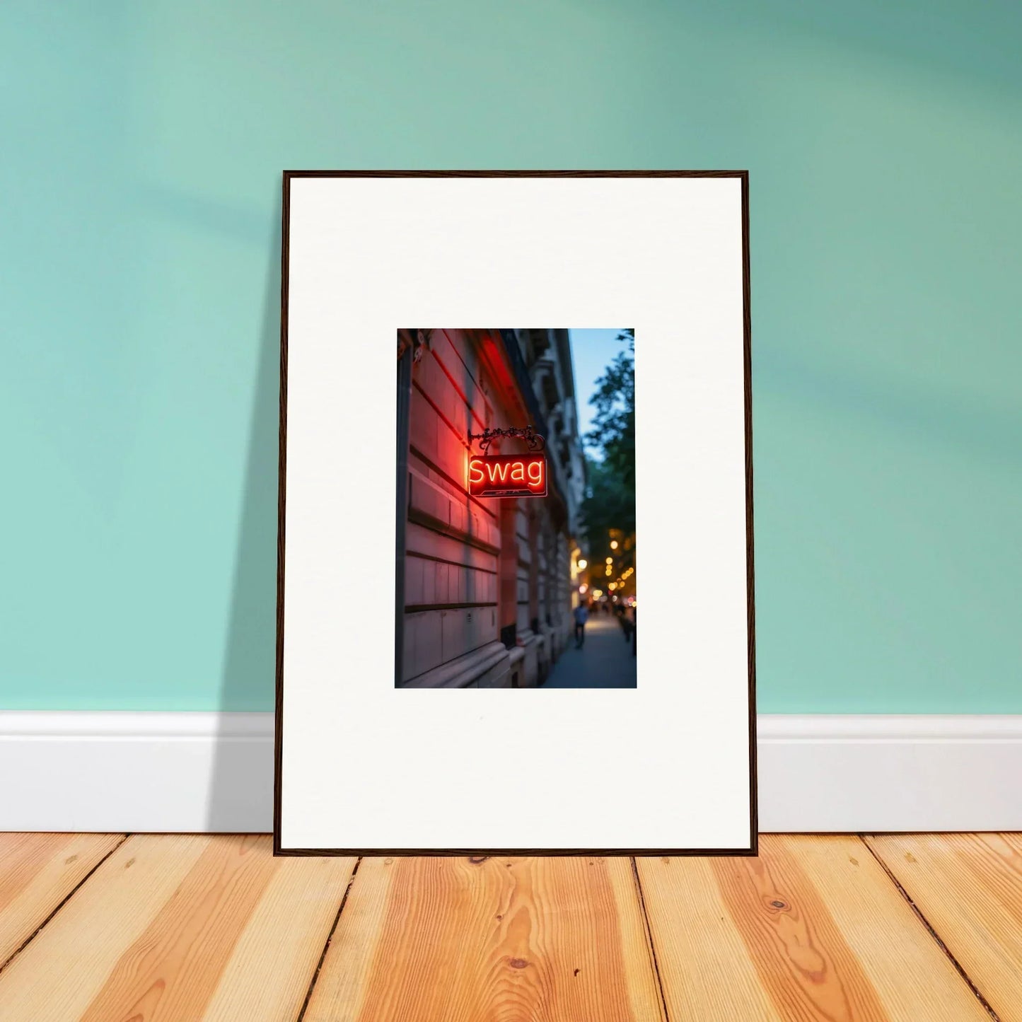 Framed photograph of a SWAG sign glowing on a brick wall for cool room decoration