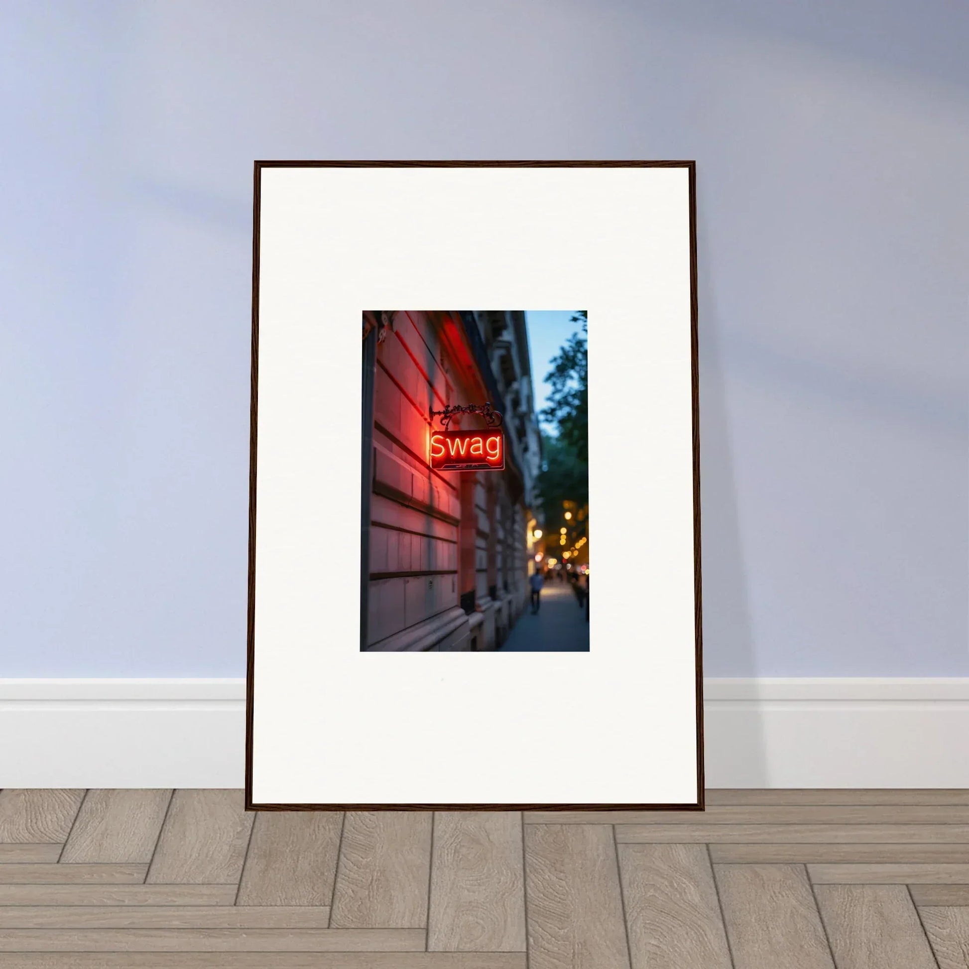 Framed canvas print of a neon Swag sign illuminating room decoration with luminary illusions