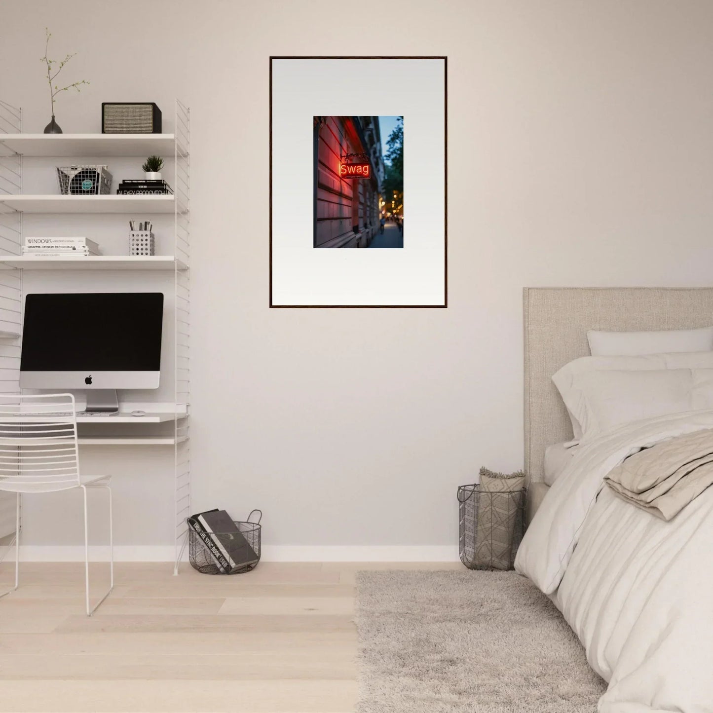 Framed canvas print of a city street with neon signs for trendy room decoration