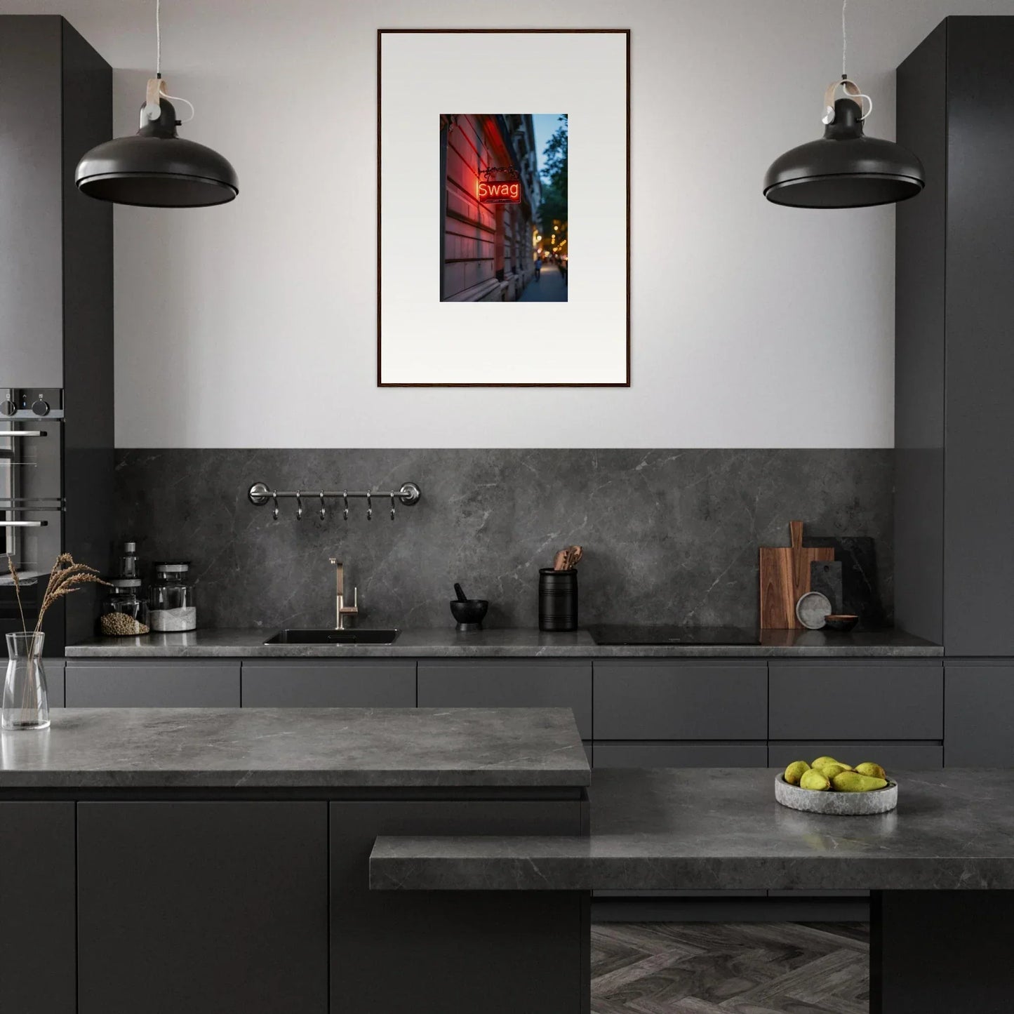 Modern kitchen with dark gray cabinetry and Luminary Illusions canvas print art