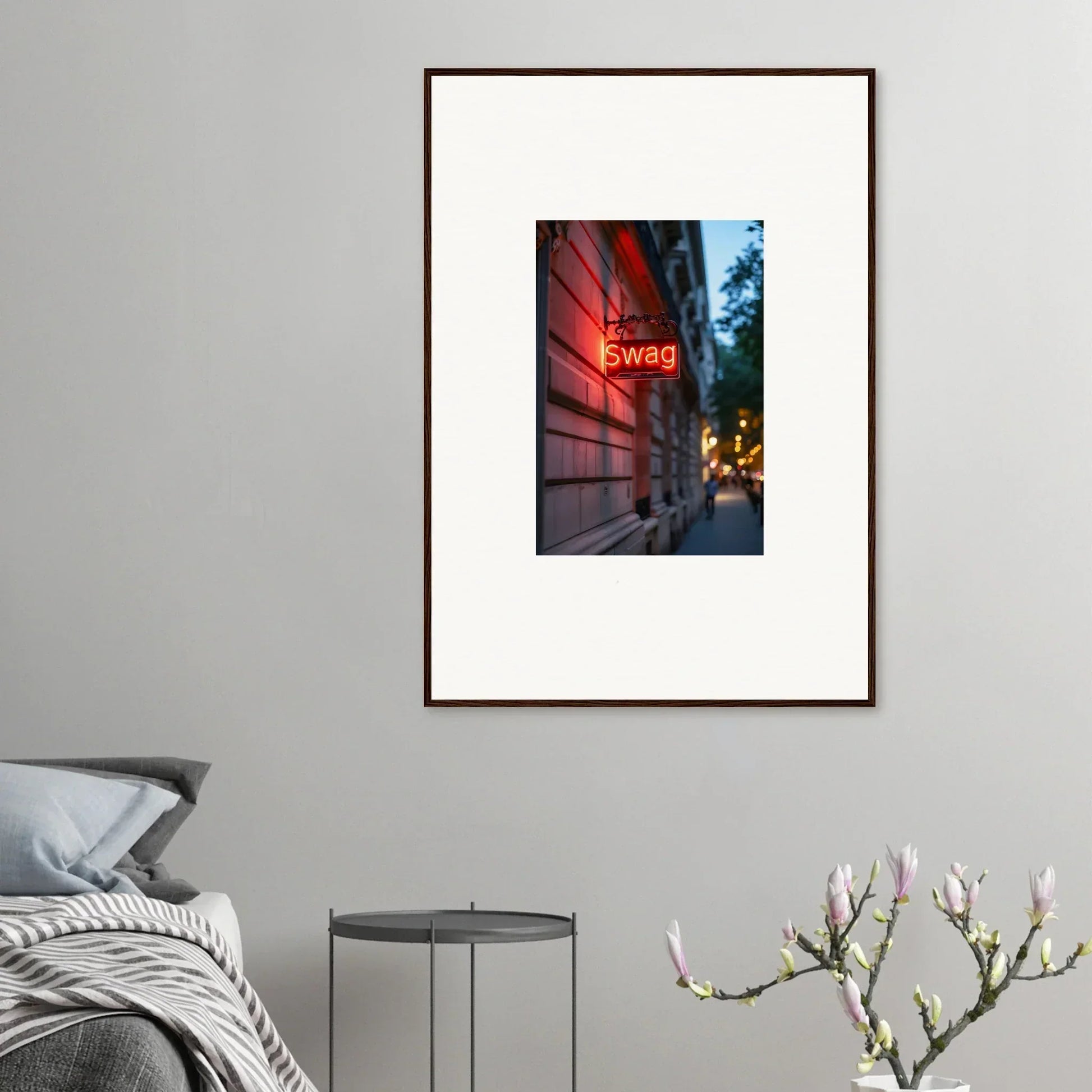 Framed photograph of a Swag neon sign for cool room decoration and luminary illusions