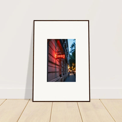 Framed photo of a glowing Swag neon sign on a brick wall, perfect for room decoration