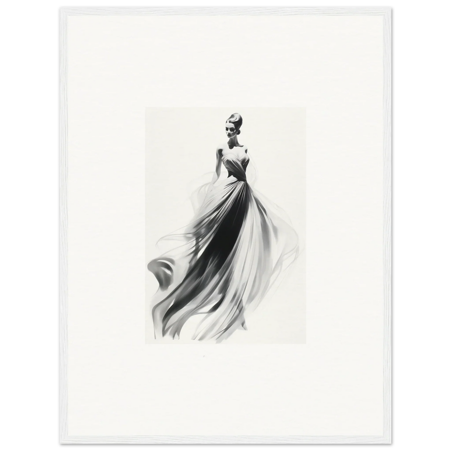 Elegant black and white fashion illustration of Sylph Dance Whispers, framed wall art