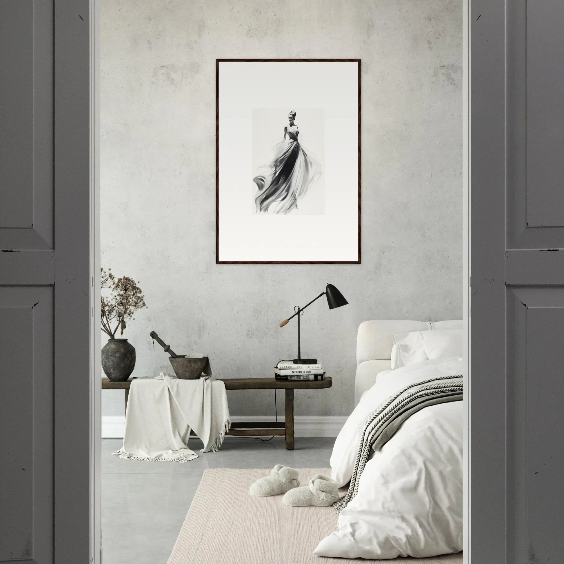 Minimalist bedroom featuring Sylph Dance Whispers framed wall art as a focal point