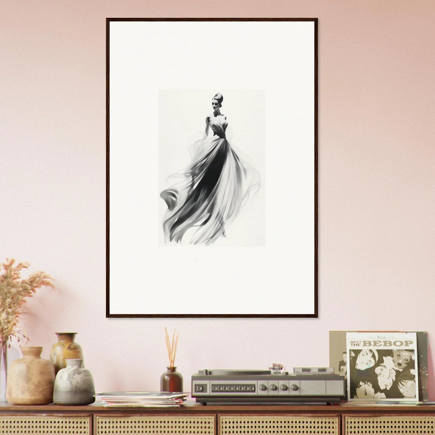 Elegant black and white sketch of a figure in a gown for Sylph Dance Whispers art